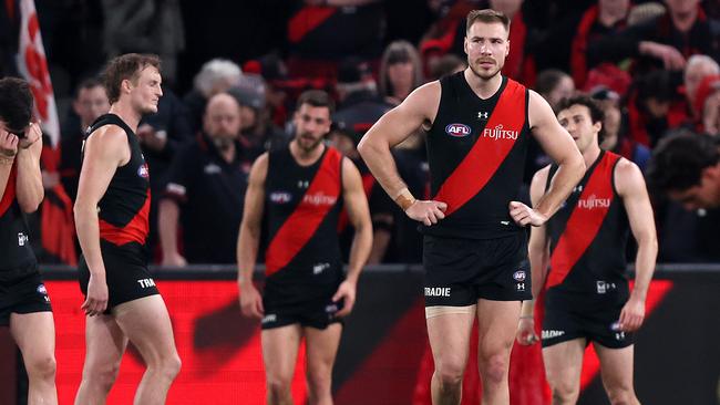 MELBOURNE, AUGUST 10, 2024: 2024 AFL Football - Round 22 - Essendon Bombers V Gold Coast Suns at Marvel Stadium. Ben McKay of the Bombers rues the loss. Picture: Mark Stewart