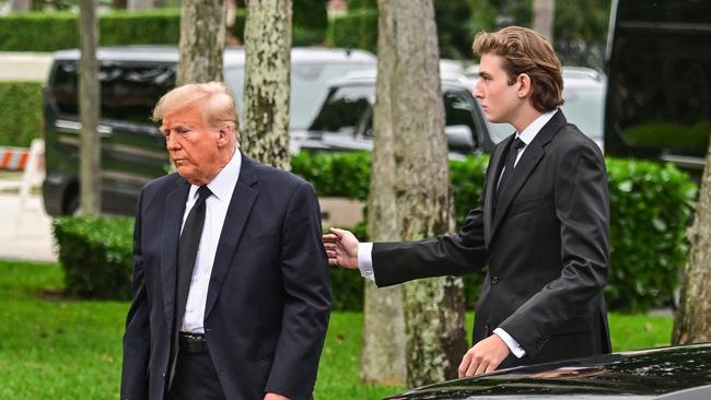 Trump and son Barron Trump attend the funeral of former first lady Melania Trump's mother Amalija Knavs in 2023.