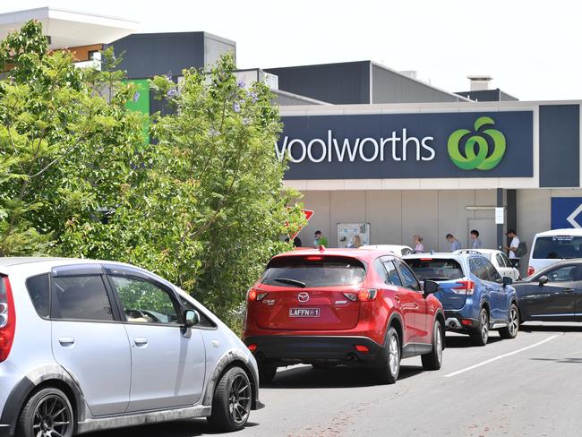 There were big queues in supermarket carparks across the state on Wednesday. Picture: Keryn Stevens