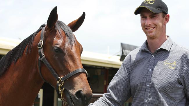 Bart McCulloch  from Grenville Stud with Lot 264 at the Magic Millions sales Complex at Bundall. Picture Glenn Hampson