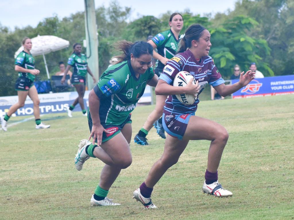 CQ Capras under-19 fullback Manaia Faiumu-Malone races away for a try against the Townsville Blackhawks.