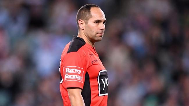 Referee Ashley Klein looks on during the NRL elimination final between the Sharks and Cowboys.