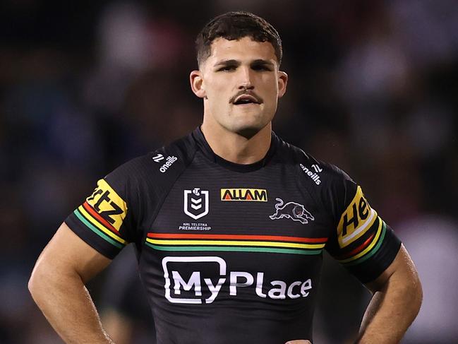 PENRITH, AUSTRALIA - MAY 10:  Nathan Cleary of the Panthers warms up before the round 10 NRL match between Penrith Panthers and Canterbury Bulldogs at BlueBet Stadium on May 10, 2024, in Penrith, Australia. (Photo by Jason McCawley/Getty Images)