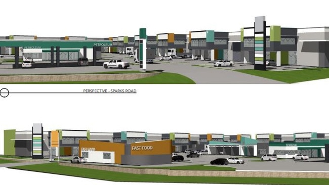 Artist's impression of the proposed industrial warehouses, service station, car wash and fast food outlet as seen from Sparks Rd (top) and Mountain Rd (bottom). Picture: supplied