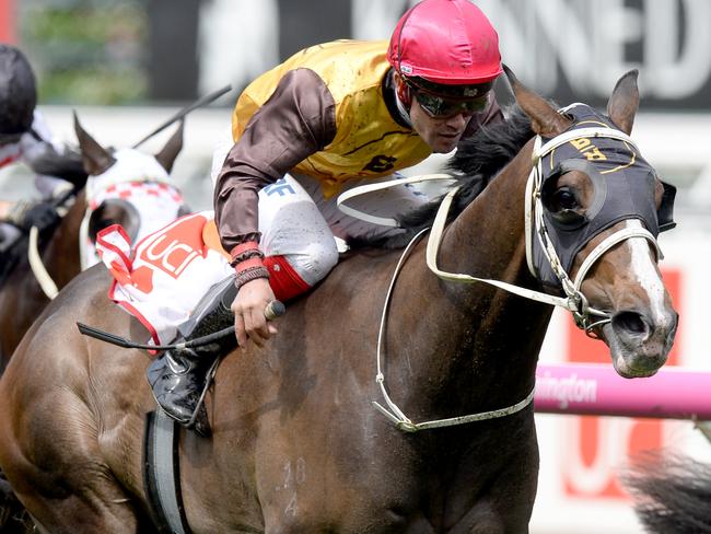 Main Stage wins the UCI Stakes on Turnbull Stakes Day. Picture: AAP