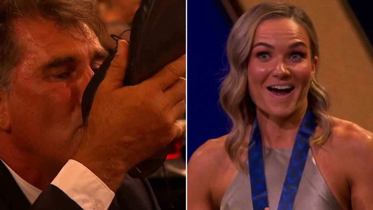 Lion Emily Bates won the AFLW's best and fairest award – and then her coach stuck to his word, Craig Starcevich downing a shoey during her speech.