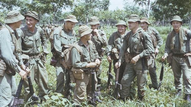 Group portrait of original soldiers of D Company, 6th Battalion, The Royal Australian Regiment (6RAR) at Long Tan in August 1969.