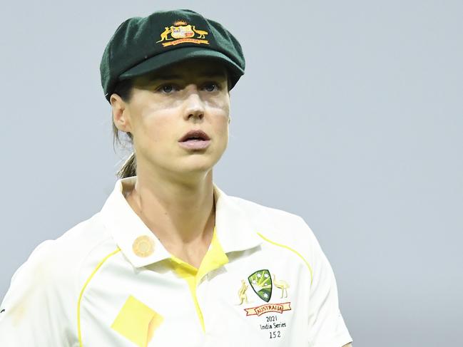 GOLD COAST, AUSTRALIA - OCTOBER 03: Ellyse Perry of Australia looks on during day four of the Women's International Test Match between Australia and India at Metricon Stadium on October 03, 2021 in Gold Coast, Australia. (Photo by Albert Perez/Getty Images)