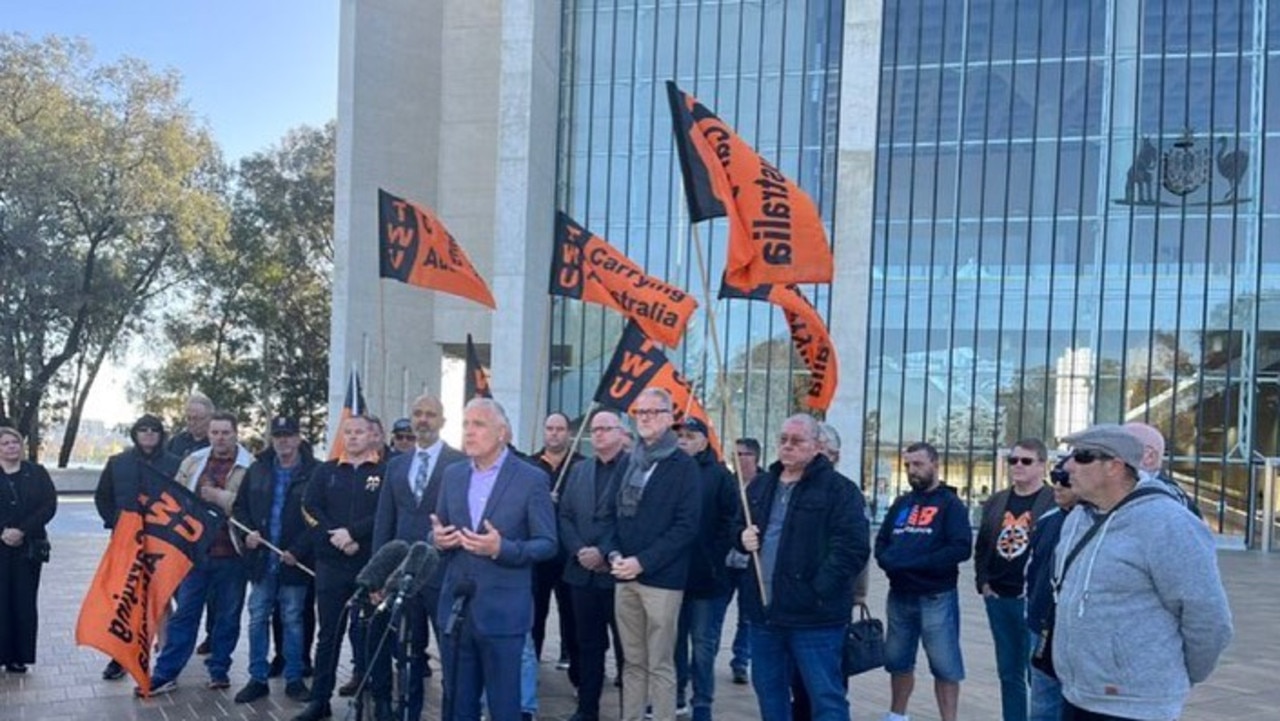 TWU national secretary Michael Kaine outside the High Court on Tuesday morning. Picture: Supplied: Facebook / Transport Workers Union