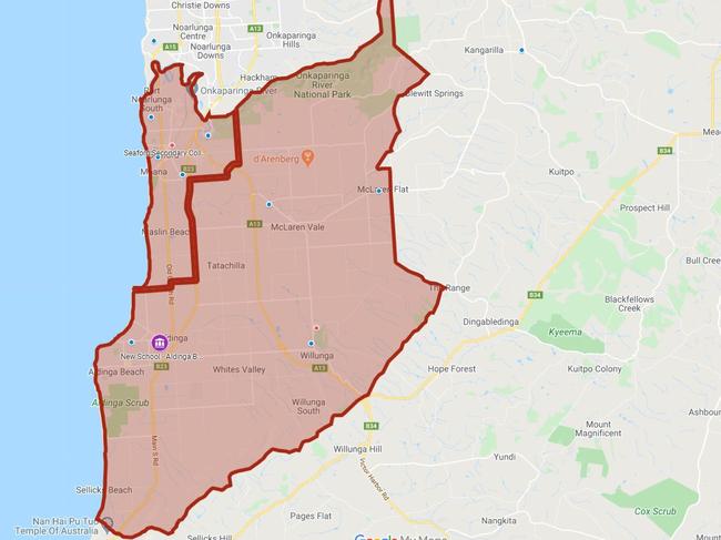 The existing high school zones of Seaford Secondary (shaded top left) and Willunga High School (shaded right)