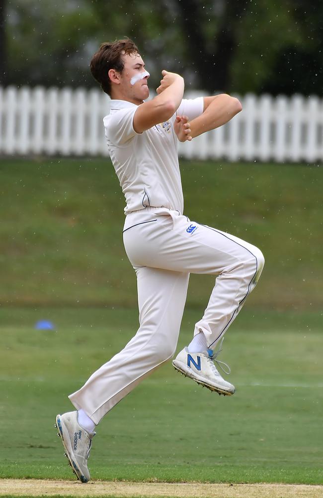 Jack Balkin skips into his delivery action bowling for Nudgee this year. Picture, John Gass