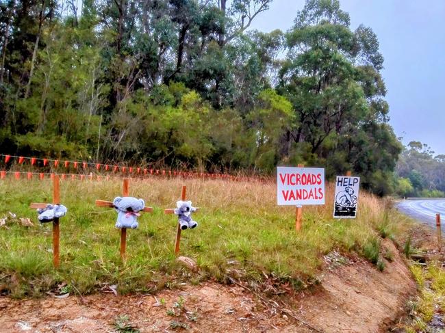 Upset Gippslanders created koala memorials on the Strzelecki Hwy in response to the removal of the habitat trees. Picture: Facebook/Graeme Wilson