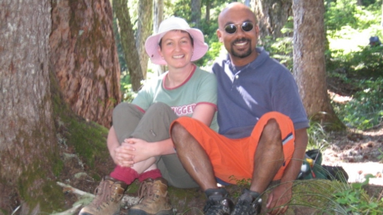 Justine Smith and Binoy Appukuttan when they first started dating on a "typical Oregon date", hiking in one of the many Pacific North-West forests. Picture: Supplied