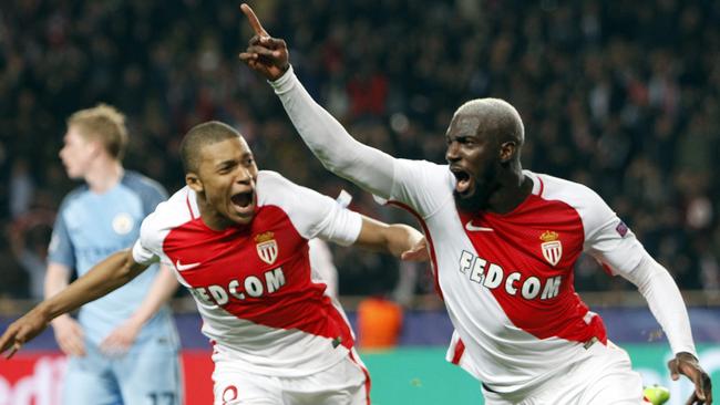 Monaco's Tiemoue Bakayoko, right, celebrates his side side's winning goal.
