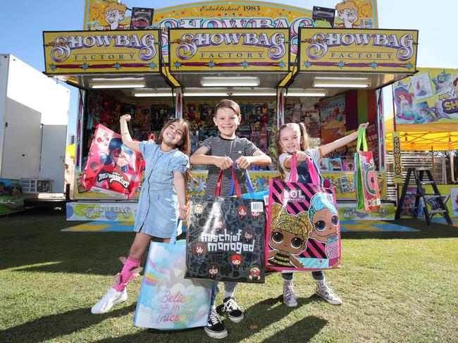 Ayla, Van, and Pippa are excited to choose some showbags from the massive range up for grabs at the Gold Coast Show. Picture: Glenn Hampson