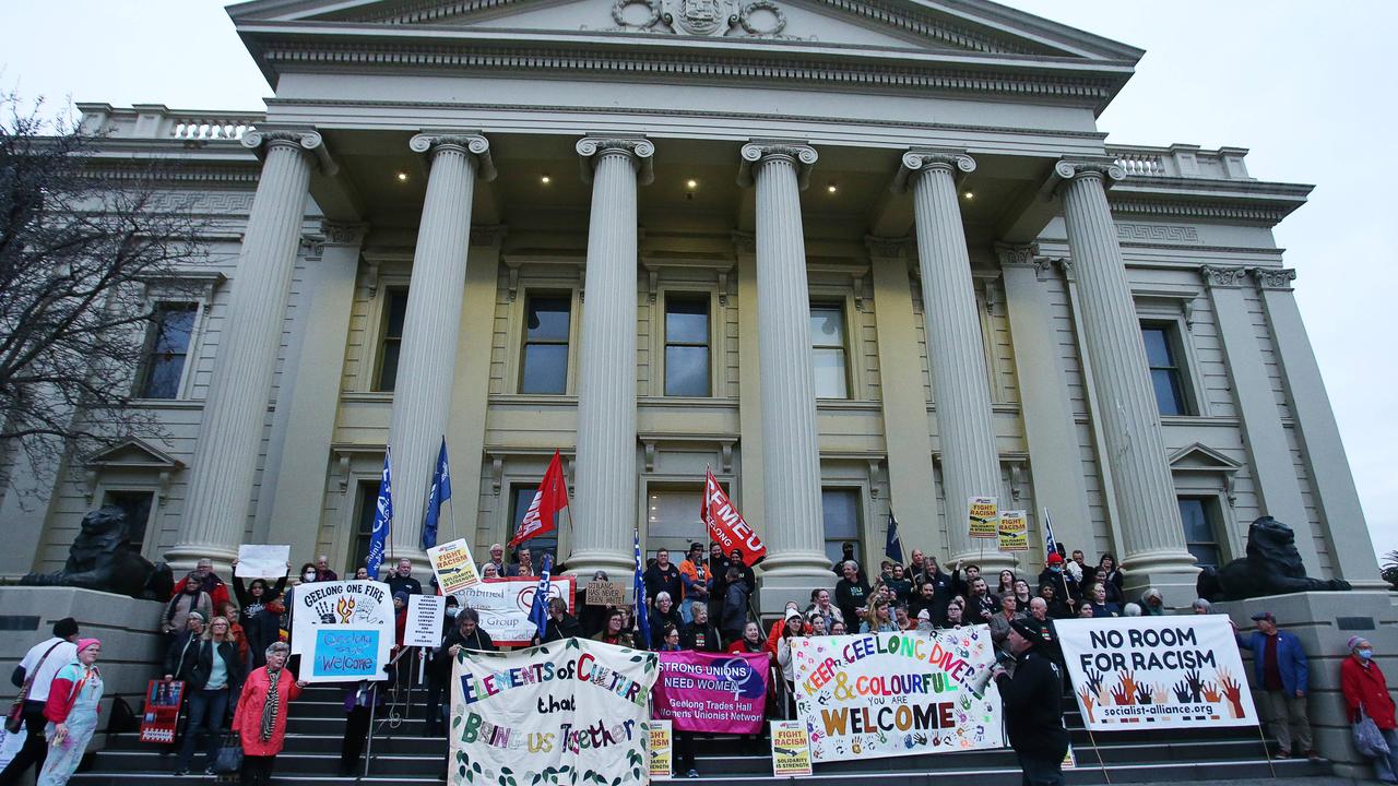 More than 100 people attended a "you're welcome here" rally organised on the steps of the Geelong Town Hall to protest recent neo-Nazis group appearances in Geelong. Picture: Alan Barber