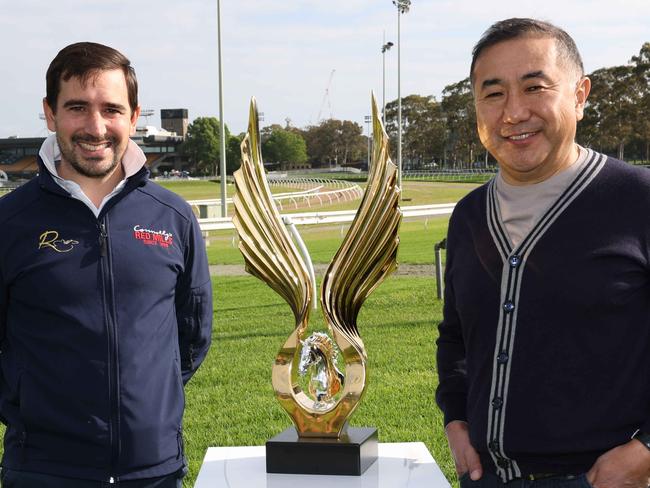 The Daily Telegraph 30.10.2024 Lazzat trainer Jerome Rainier and owner Nurlan Bizakov pictured. Canterbury trackwork with the four internationals here for the Golden Eagle - Ascoli Piceno, Corazon Beat, Lake Forest and Lazzat. Picture: Rohan Kelly.