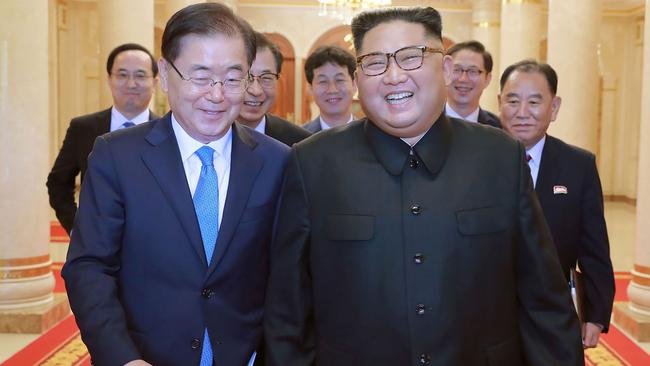 Kim Jong-un, right, with South Korean national security adviser Chung Eui-yong in Pyongyang yesterday. Picture: AFP