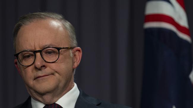 Prime Minister Anthony Albanese after the Voice to Parliament was defeated in the referendum. Picture: Martin Ollman