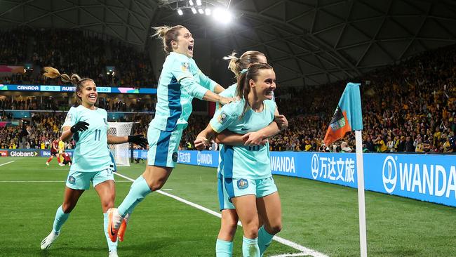 Hayley Raso fired the Matildas to their 4-0 win with a first half brace, but her opening goal was initially disallowed due to an off-side before VAR overturned the decision. Picture: Mark Stewart