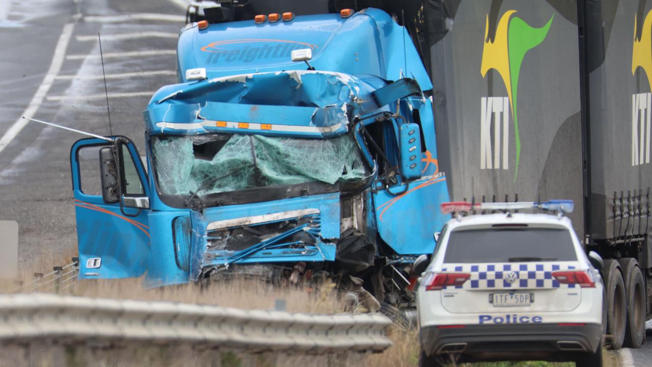 The bus crashed with a truck on the Western Hwy near Bacchus Marsh. Picture: Brendan Beckett