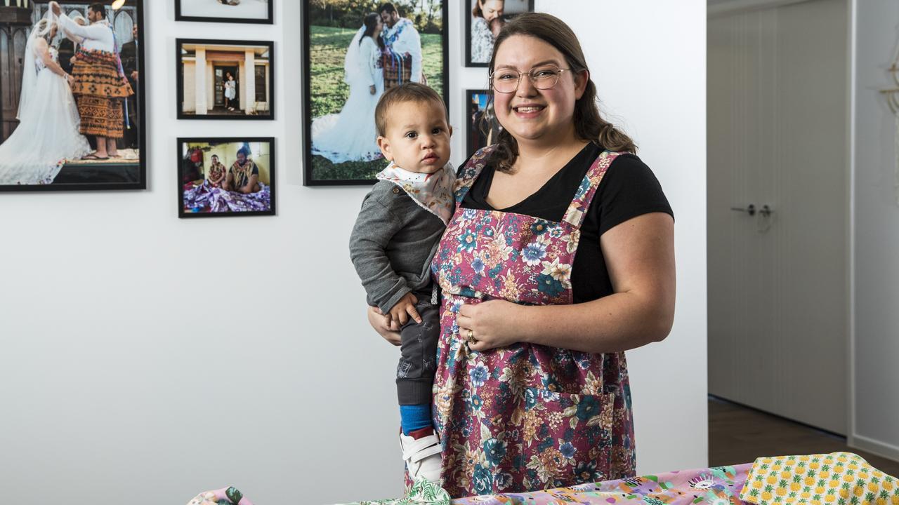 The Linen Label owner Hannah Thomas and son Malachi model her handmade pieces for mum, bub and home, Thursday, July 29, 2021. Picture: Kevin Farmer