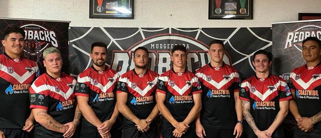 Mudgeeraba squad members Jackson Gisinger, Dion Taumata, Nathan Schwass, Kane Kelleher, Kyle Williams, Billy Jeffress, Matt Smith and Jesse Rewita.