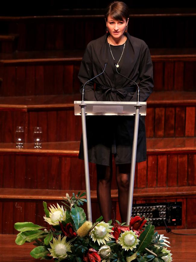 Wran speaks at her father Neville’s State Funeral at Sydney Town Hall. Picture: Adam Taylor