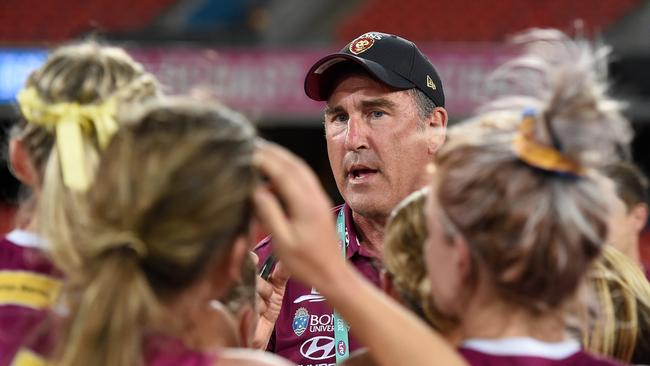 Brisbane Lions AFLW coach Craig Starcevich speaks to his players. Picture: Matt Roberts/Getty Images