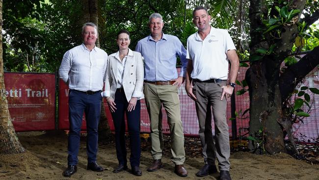 Construction on the $47 million Wangetti Trail has officially begun. Assistant tourism minister Michael Healy, Environment Minister Leanne Linard, Tourism Minister Stirling Hinchliffe and Barron River MP Craig Crawford stand at the Palm Cove trail head. Picture: Brendan Radke