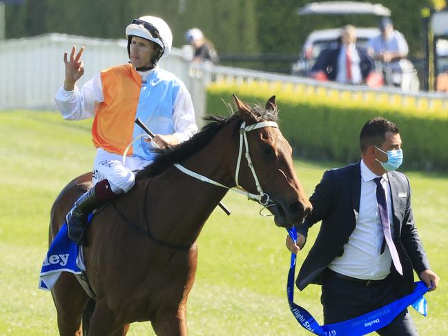 Hugh Bowman celebrates winning the Darley Flight Stakes on Montefilia. Picture: Mark Evans/Getty Images