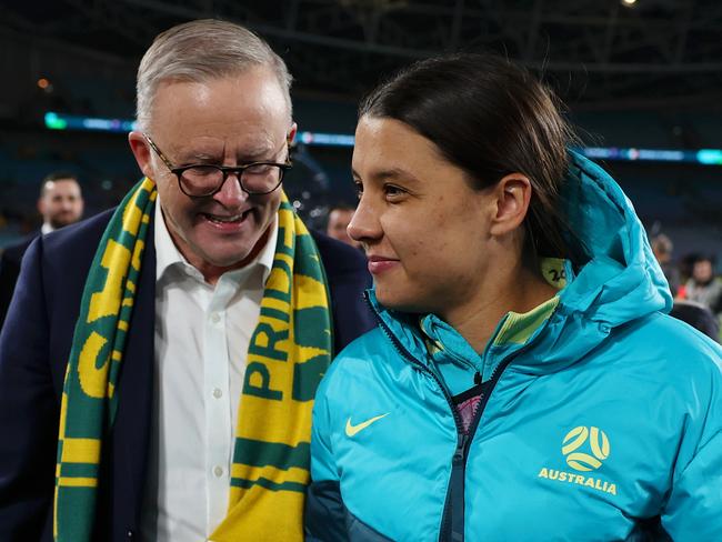 SYDNEY, AUSTRALIA - JULY 20: Sam Kerr of Australia and Anthony Albanese, Prime Minister of Australia, talk after the FIFA Women's World Cup Australia & New Zealand 2023 Group B match between Australia and Ireland at Stadium Australia on July 20, 2023 in Sydney / Gadigal , Australia. (Photo by Mark Metcalfe - FIFA/FIFA via Getty Images)