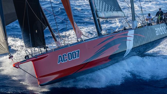 ***PRINT ONLY - NO ONLINE USE*** SYDNEY TO HOBART YACHT RACE 2022: ANDOO COMANCHE, afternoon of 27 December 2022. Comanche took Line Honours early December 28, 2022. CREDIT: ROLEX/Carlo Borlenghi