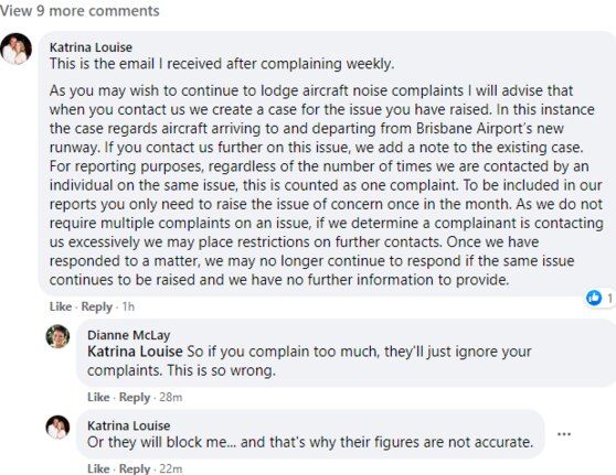 A post from a resident in the affected flight path about her complaints experience.