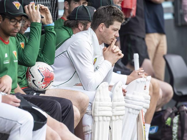 Photograph shows Tim Paine with Tas 2 team mates at Lindisfarne whilst waiting to bat. Picture Eddie Safarik