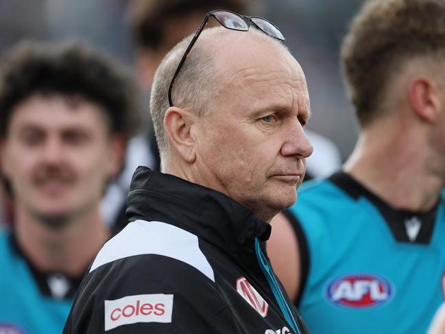 ADELAIDE, AUSTRALIA - JUNE 22: Ken Hinkley, Senior Coach of the Power during the 2024 AFL Round 15 match between the Port Adelaide Power and the Brisbane Lions at Adelaide Oval on June 22, 2024 in Adelaide, Australia. (Photo by James Elsby/AFL Photos via Getty Images)