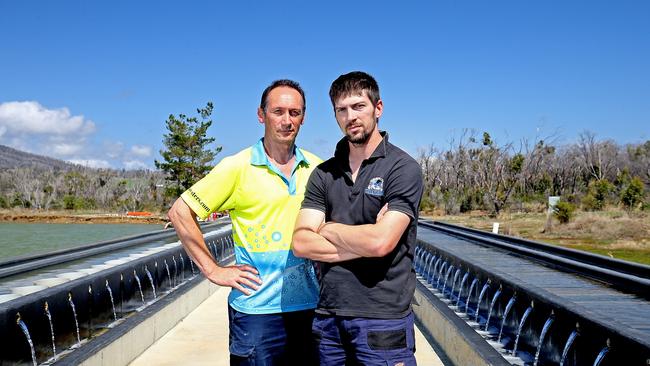 Graeme Cameron, hatchery manager, left, and general manager Ben Cameron at Cameron of Tasmania hatchery in Dunalley. Picture: SAM ROSEWARNE