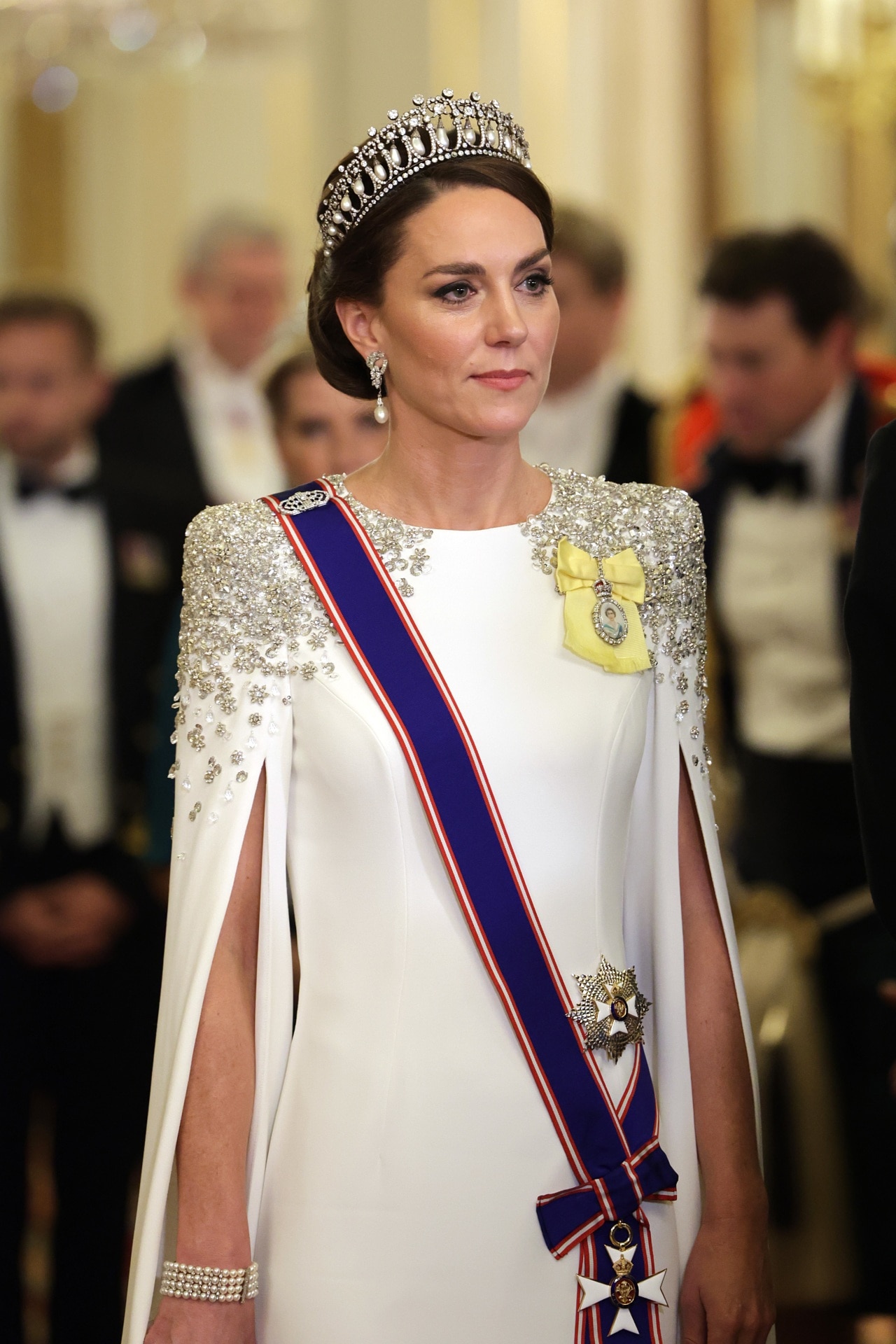 <h2>November 2022</h2><p>Catherine, Princess of Wales, wears the Cambridge Lover&rsquo;s Knot tiara during a State Banquet at Buckingham Palace.</p>