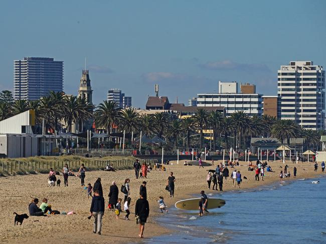 Port Melbourne beach was a popular destination in Melbourne yesterday. Picture: AAP