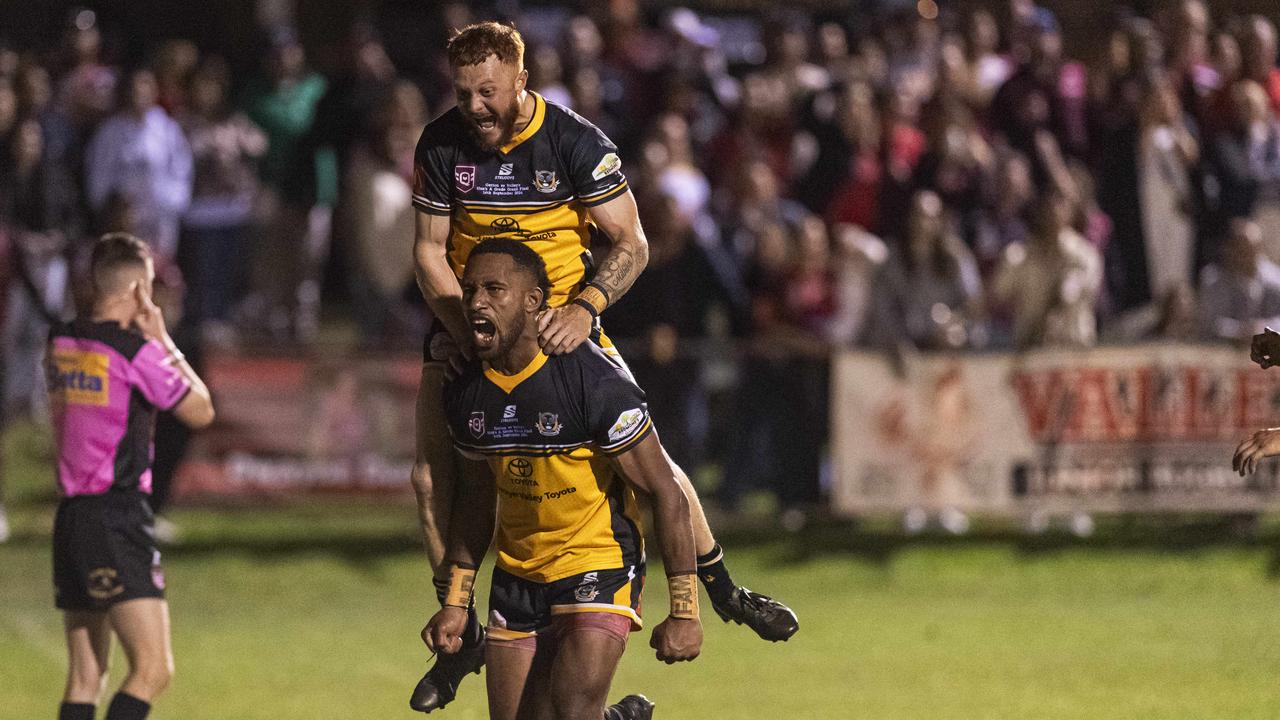 Gatton players celebrate a try against Valleys in TRL Hutchinson Builders A-grade grand final rugby league at Toowoomba Sports Ground, Saturday, September 14, 2024. Picture: Kevin Farmer