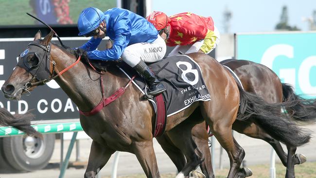 Jockey Kerrin McEvoy rides Exhilarates to victory in race 8, the $2M Magic Millions 2YO Classic, during Gold Coast Magic Millions Race Day at the Gold Coast Turf Club on the Gold Coast, Saturday, January 12, 2019. (AAP Image/Jono Searle) NO ARCHIVING, EDITORIAL USE ONLY