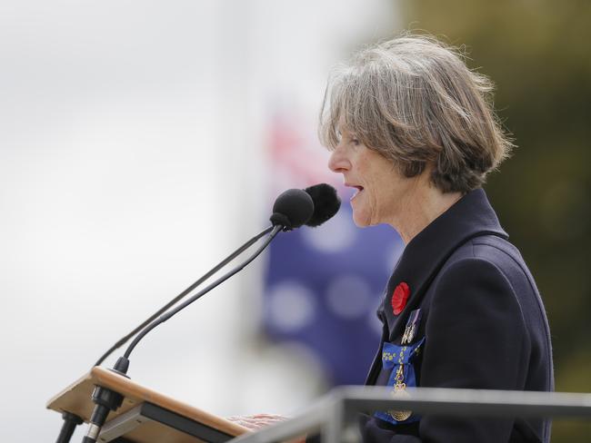 The annual remembrance day ceremony is held at the Cenotaph, Hobart, Tasmania. Tasmanian Governor, Kate Warner. Picture: MATT THOMPSON.