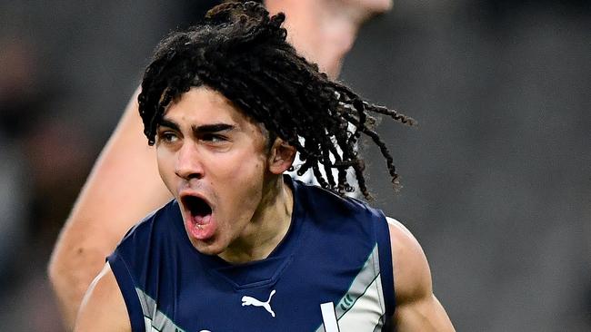 MELBOURNE, AUSTRALIA - JULY 14: Isaac Kako of Victoria Metro celebrates kicking a goal during the 2024 Marsh AFL Championships U18 Boys match between Victoria Metro and Victoria Country at Marvel Stadium on July 14, 2024 in Melbourne, Australia. (Photo by Josh Chadwick/AFL Photos)