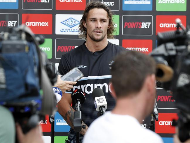 DAILY TELEGRAPH FEBRUARY 27, 2023.Nicho Hynes answering questions during a press conference at Shark Park in Woolooware. Picture: Jonathan Ng