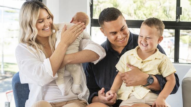 Diamonds netball star Gretel Bueta with new baby Toby, husband Niko and son Bobby, 2, will take a year out from netball to concentrate on her family.