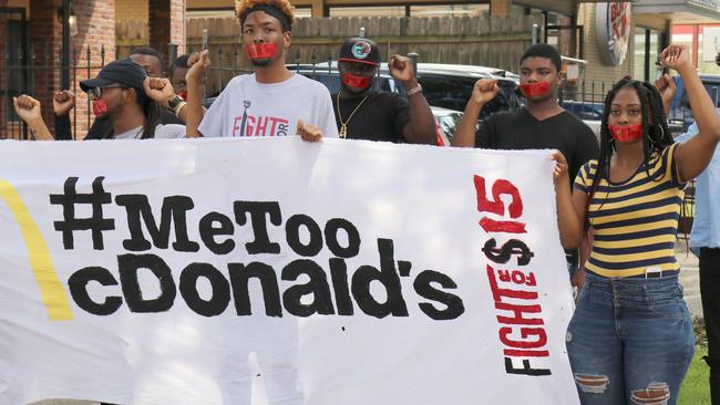 McDonald’s workers protest in New Orleans last week seeking to combat sexual harassment in the workplace. Picture: AP