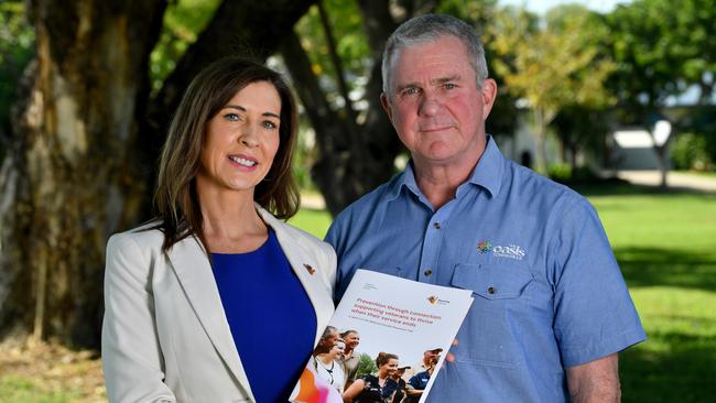 Black Dog Institute head of implementation Janey McGoldrick and Oasis Townsville chair Lieutenant John Caligari with the ‘Prevention through connection: supporting Veterans to thrive when their service ends’ report. Picture: Evan Morgan