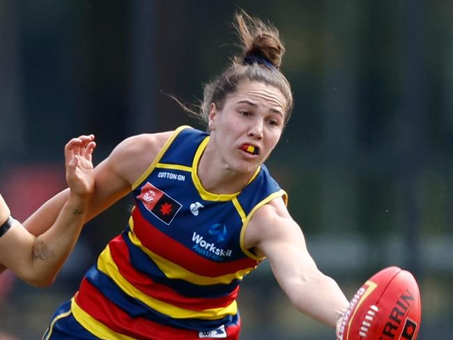 MELBOURNE, AUSTRALIA - NOVEMBER 26: Najwa Allen of the Crows and Jenna Bruton of the Kangaroos compete for the ball during the 2023 AFLW Second Preliminary Final match between The North Melbourne Tasmanian Kangaroos and The Adelaide Crows at IKON Park on November 26, 2023 in Melbourne, Australia. (Photo by Michael Willson/AFL Photos via Getty Images)