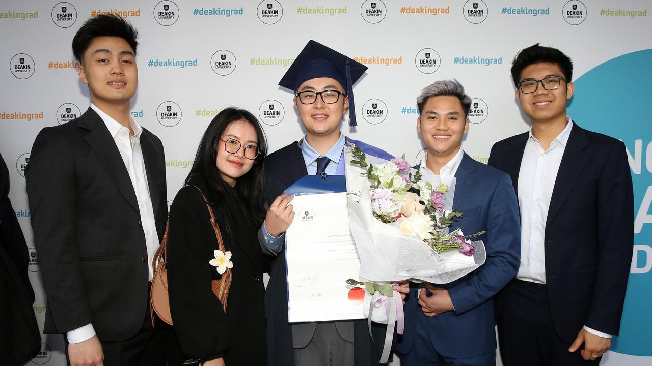 Minh Nguyen, Ha Anh Bui, Bach Luu, Quan Huynn and Nhan Nguyen at Deakin University post-graduation celebrations on Friday afternoon. Picture: Alan Barber