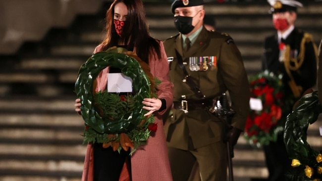 New Zealand kicked off the dawn services with Prime Minister Jacinda Ardern laying a wreath in a slimmed down ceremony as the country slowly recovers from COVID. Picture: Fiona Goodall/Getty Images